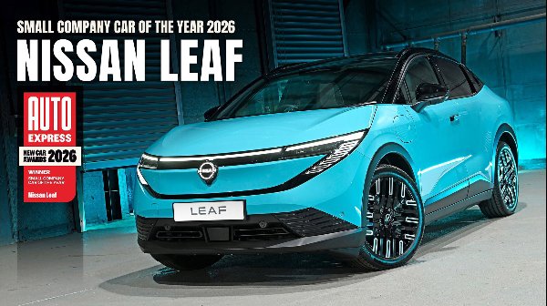 Blue Nissan Leaf awarded 2026 Small Company Car of the Year by Auto Express.
