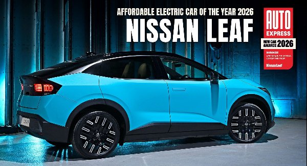 Blue Nissan Leaf, Auto Express Affordable Electric Car of the Year 2026 award displayed.