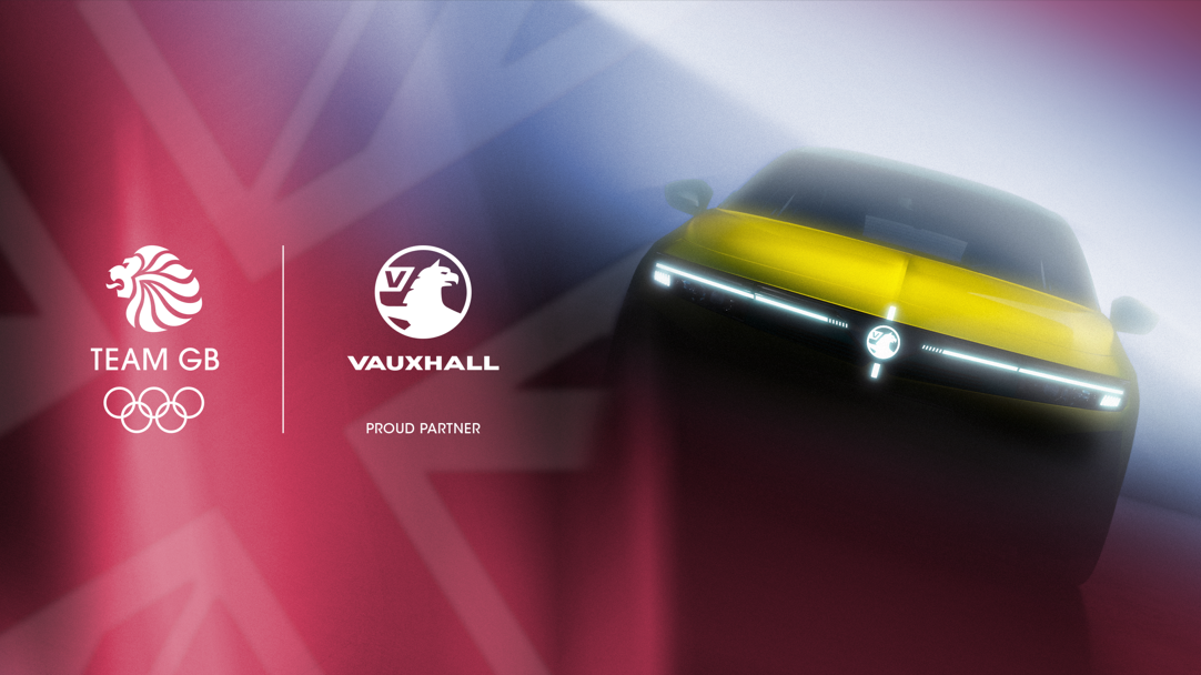 Yellow Vauxhall car with Team GB and Vauxhall logos on a gradient background.