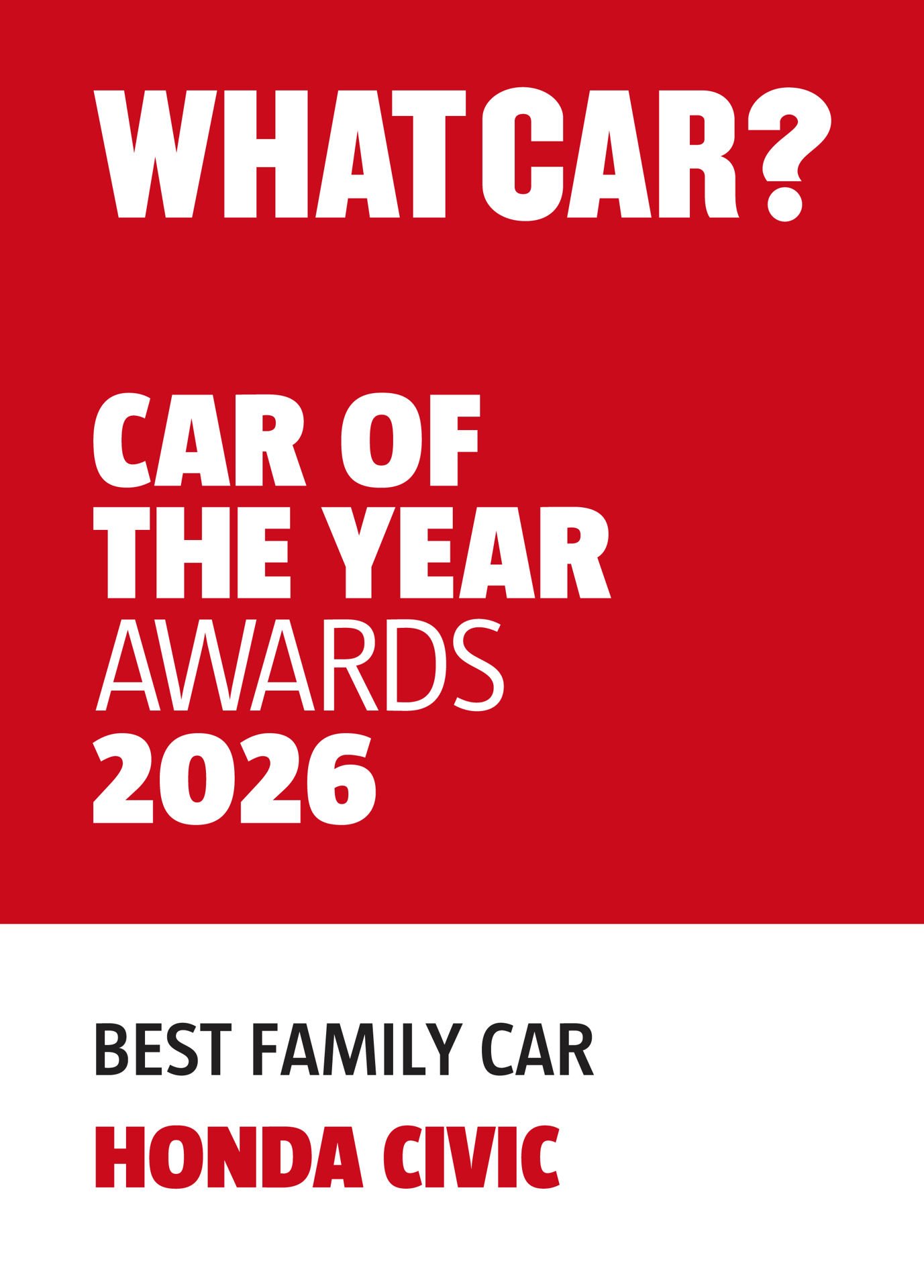What Car? 2026 Best Family Car award given to Honda Civic.