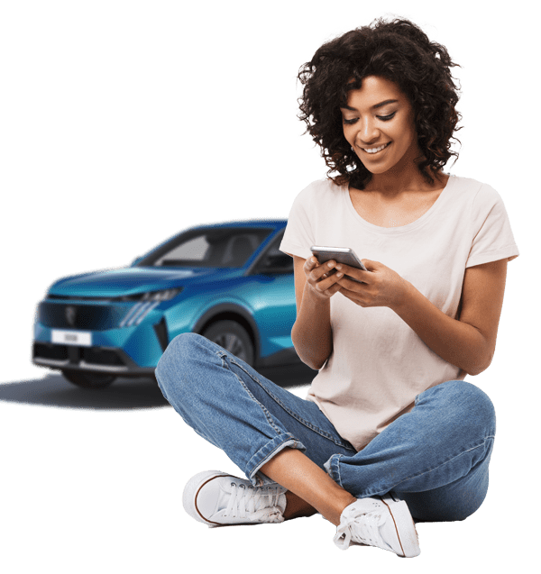 Woman on phone with Peugeot e-3008 behind