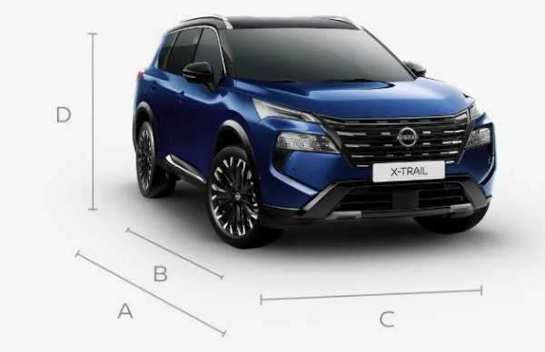 Blue SUV with labelled dimensions, viewed from the front at an angle.